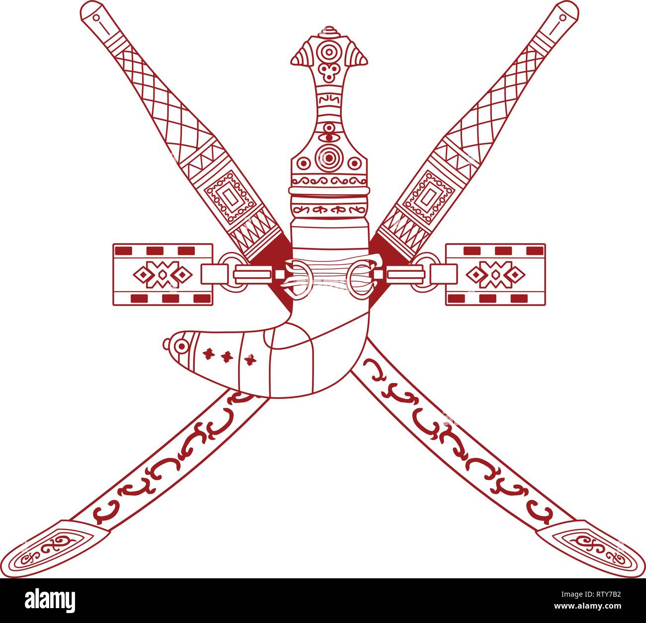 National emblem of Oman (Coat of Arms)  Khanjar dagger and two crossed swords. Stock Vector