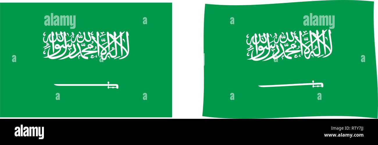 Kingdom of Saudi Arabia flag (White calligraphic Shahada islamic creed and sword on green field) . Simple and slightly waving version. Stock Vector