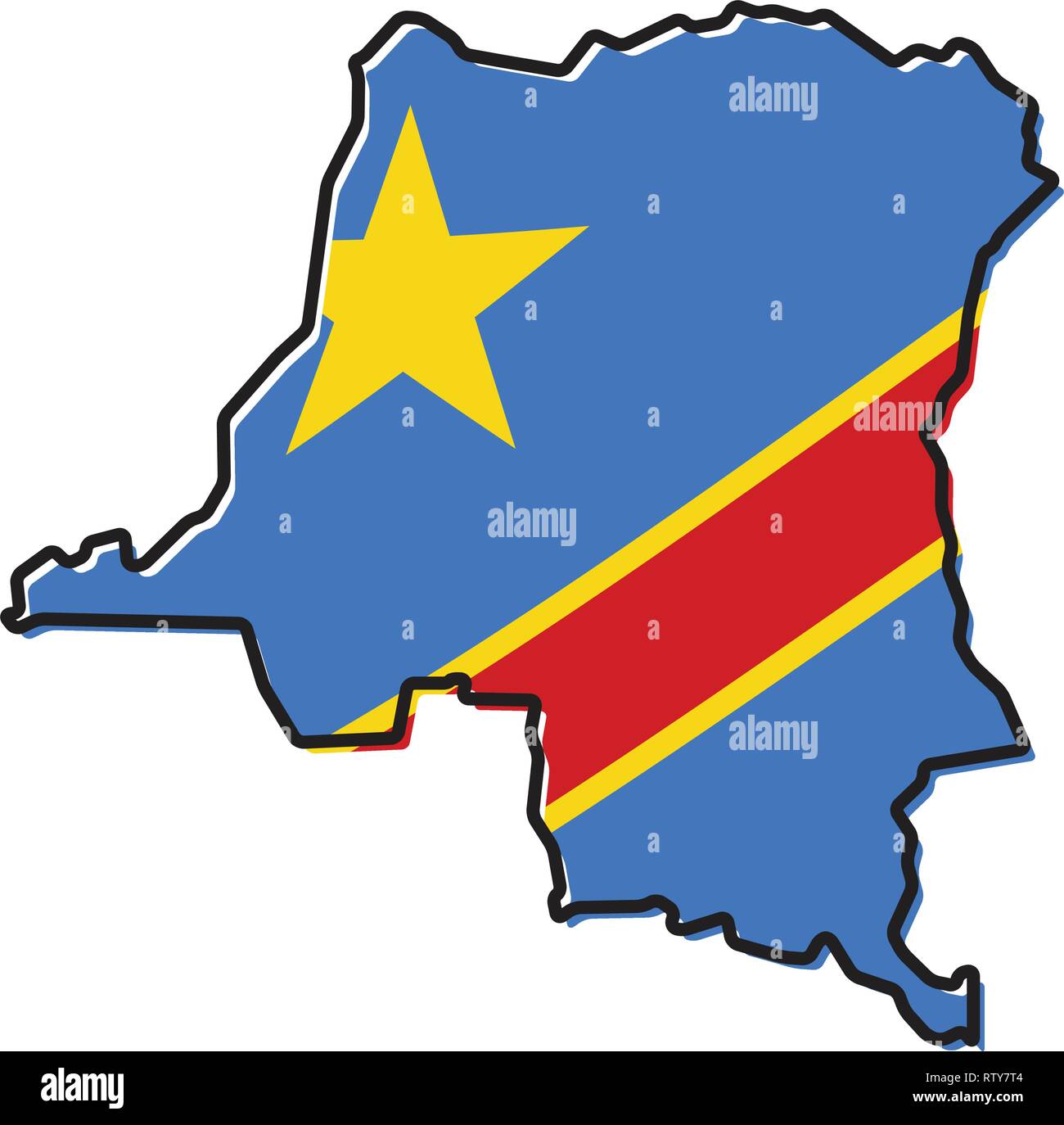 Simplified map of Democratic Republic of the Congo outline, with slightly bent flag under it. Stock Vector