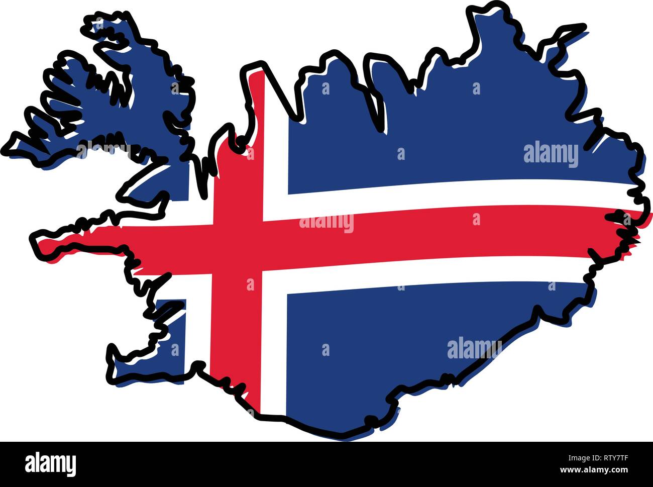 Simplified map of Iceland outline, with slightly bent flag under it. Stock Vector