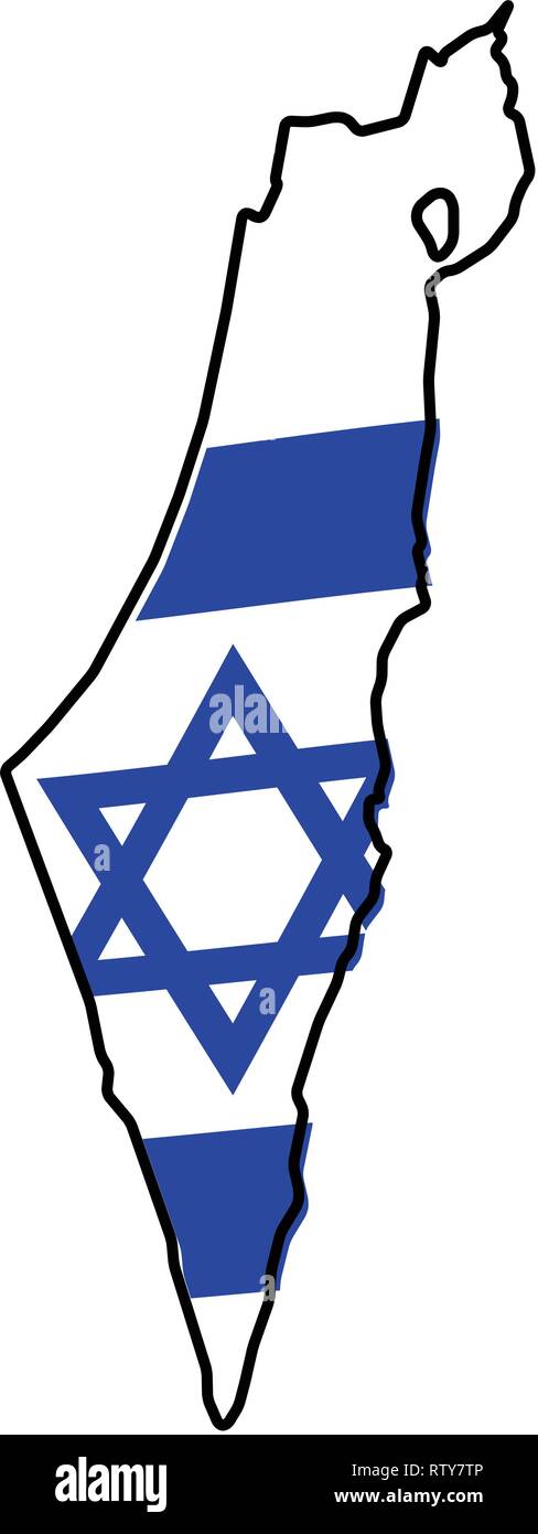 Israel (including Palestine - Gaza strip and West bank) simplified map, with slightly bent flag under it. Stock Vector