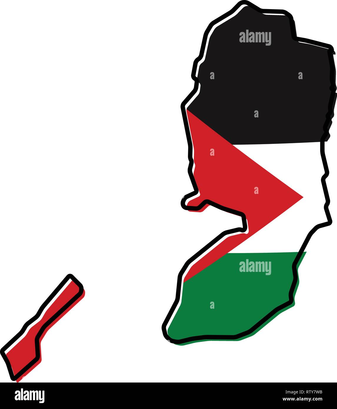 Simplified map of Palestine (West Bank and Gaza Strip) outline, with slightly bent flag under it. Stock Vector