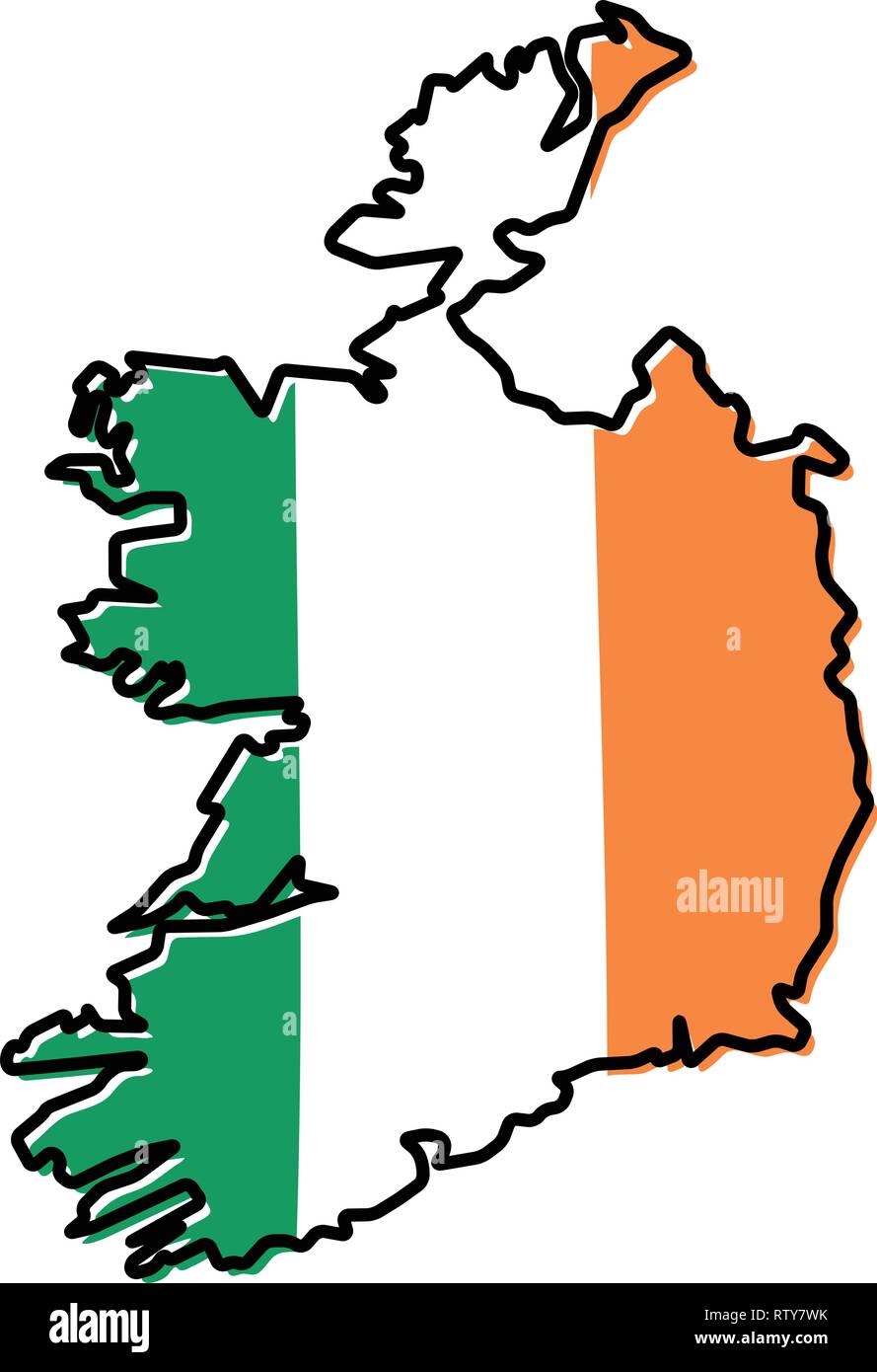 Republic of Ireland (without Northern British part) simplified map outline, with slightly bent flag under it. Stock Vector