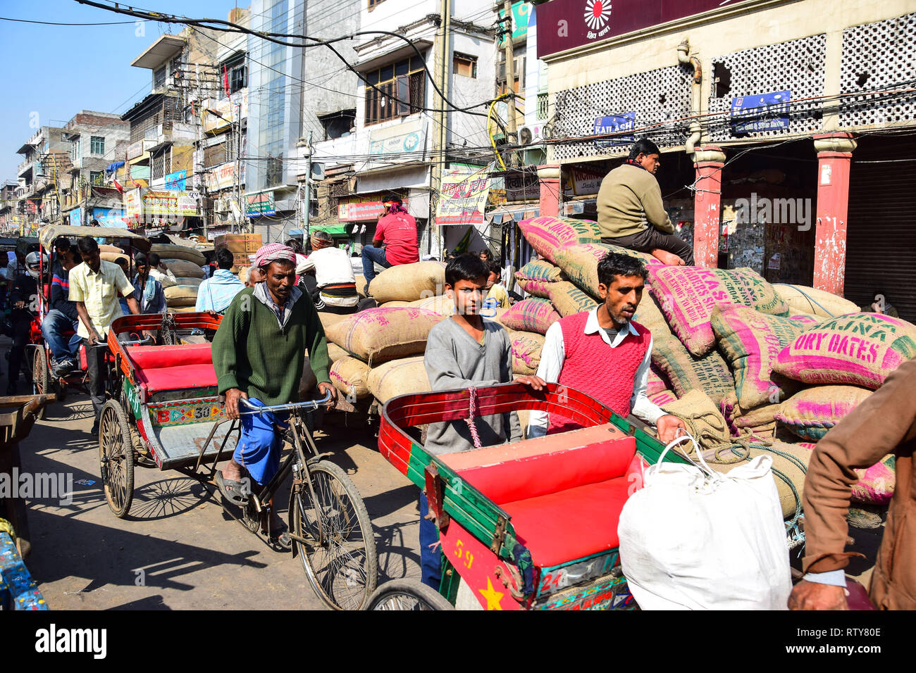 Khari Baoli,  Bustling Indian Wholesale Spice Market, Old Delhi, India Stock Photo
