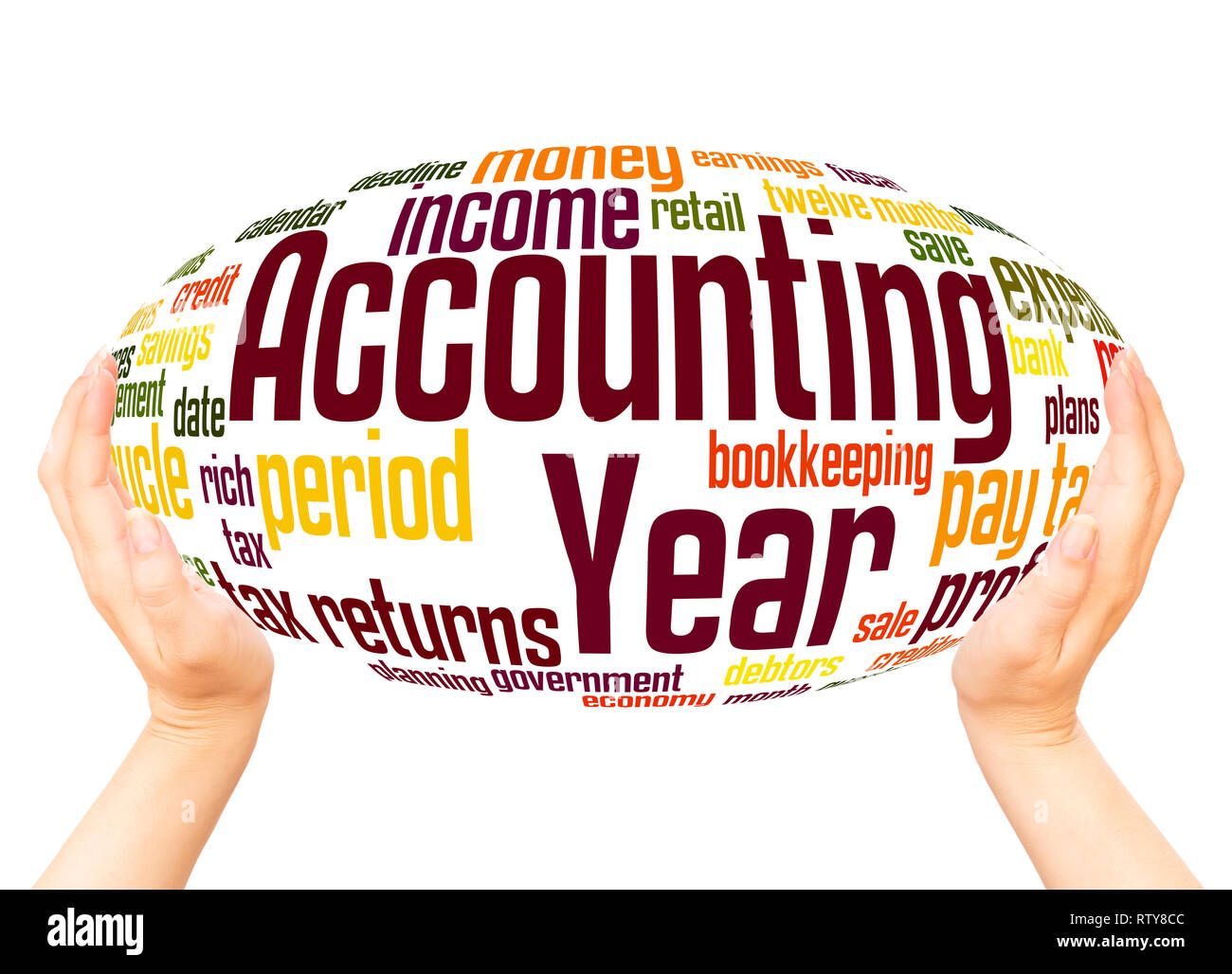 Accounting year word cloud hand sphere concept on white background. Stock Photo