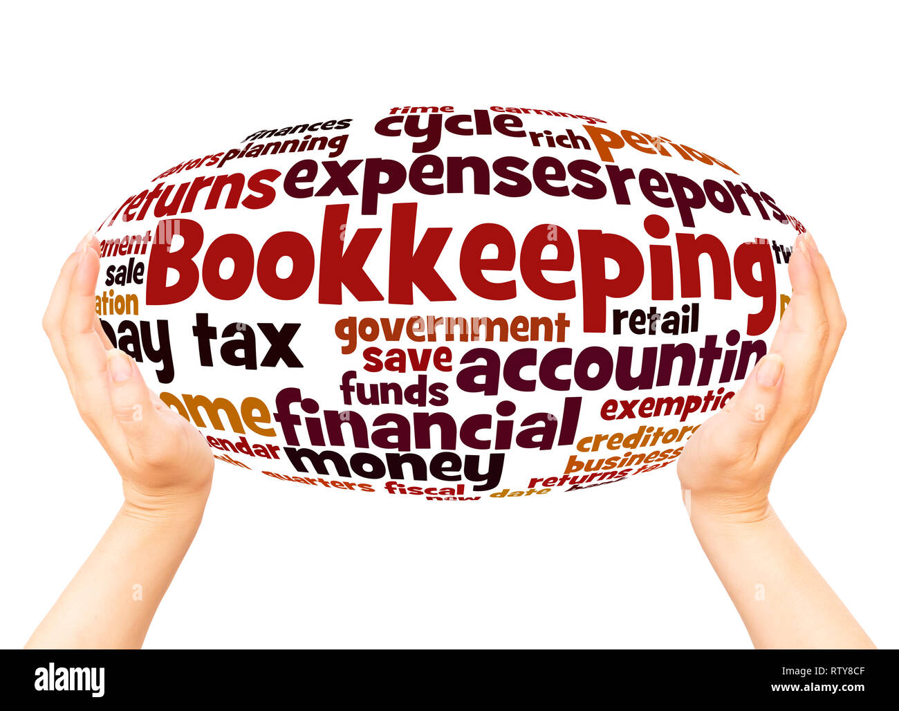 Bookkeeping word cloud hand sphere concept on white background. Stock Photo
