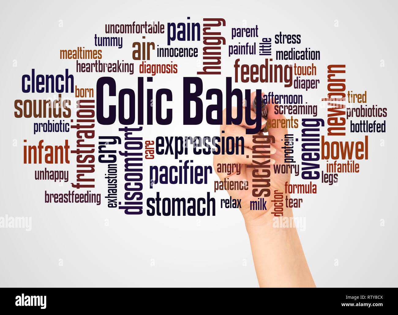 Colic baby word cloud and hand with marker concept on white background. Stock Photo