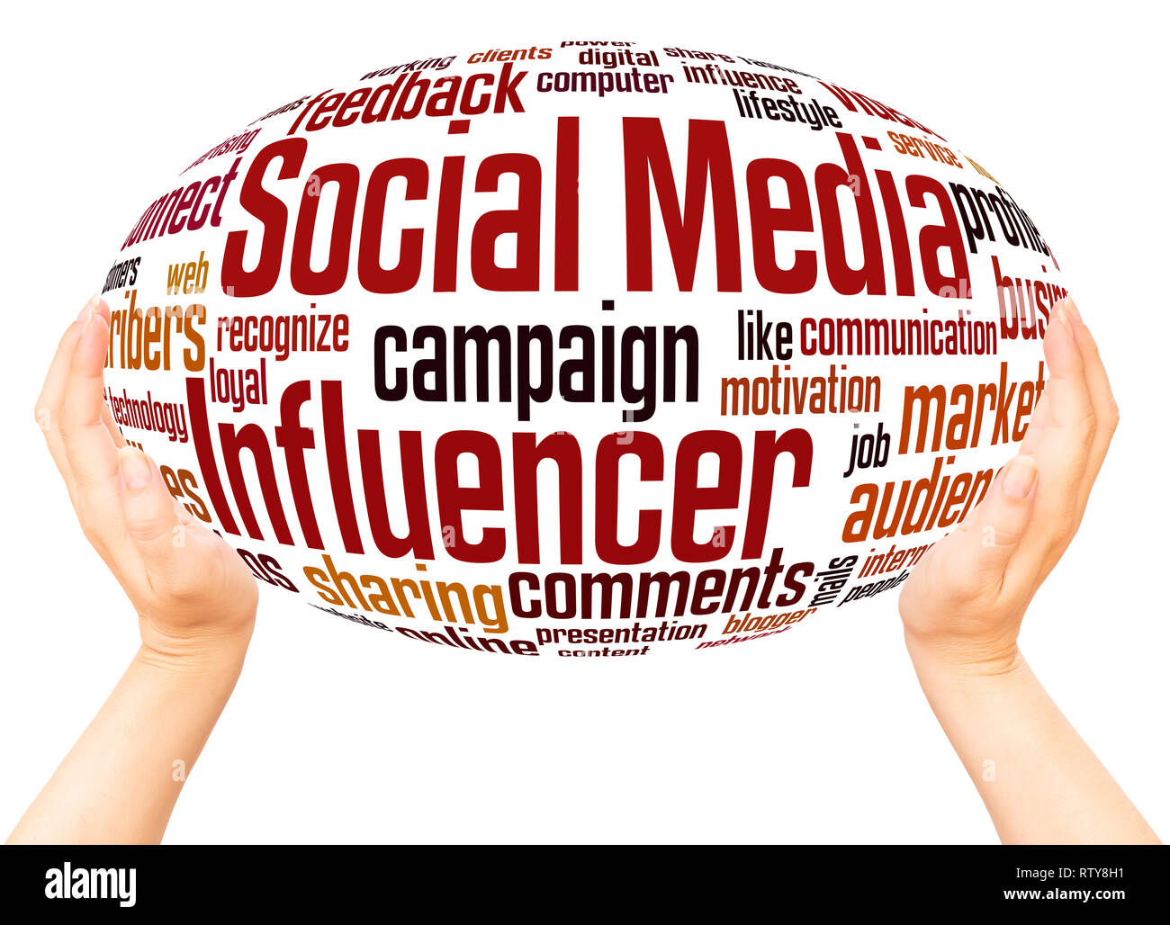 Social media influencer word cloud hand sphere concept on white