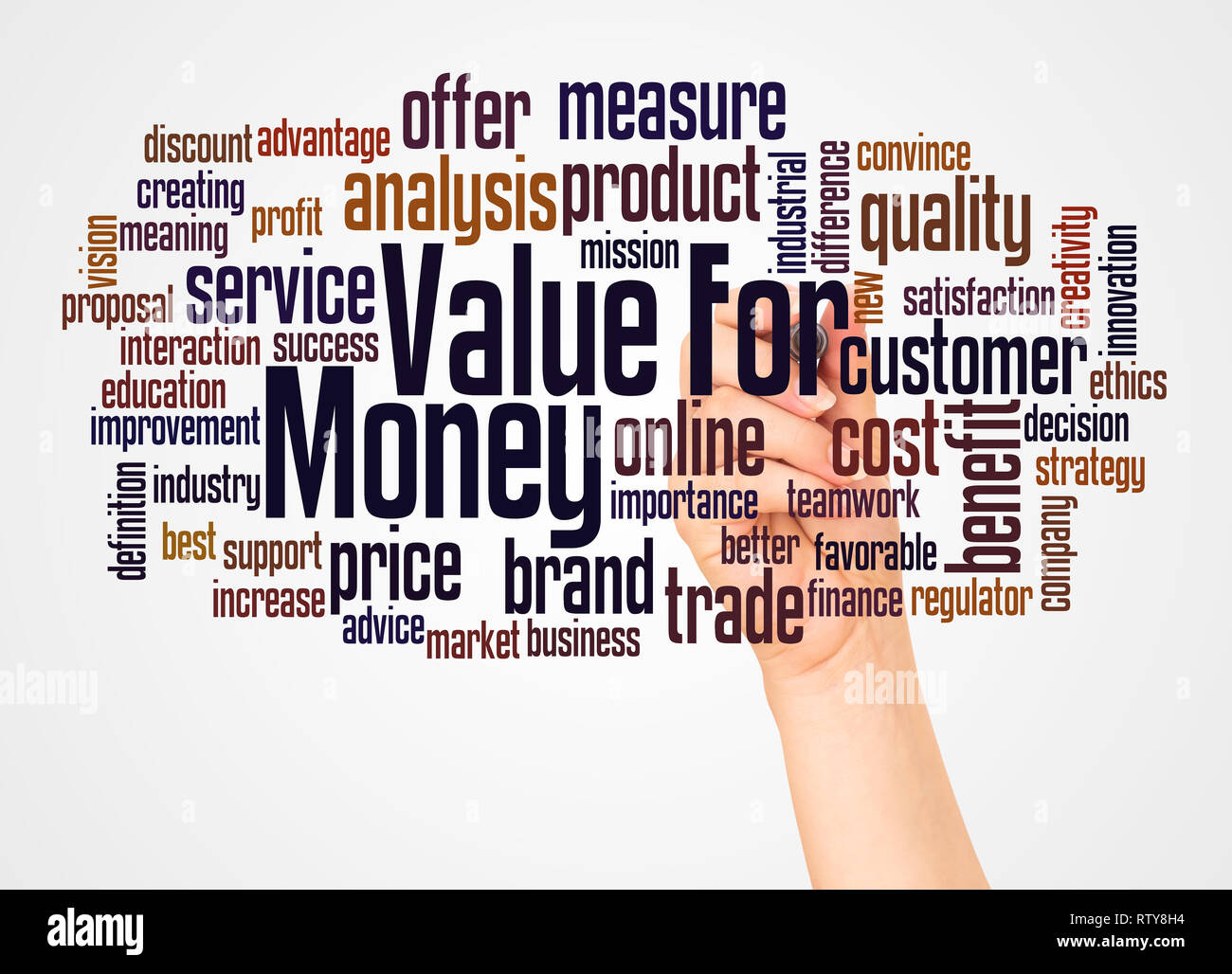 Value for money word cloud and hand with marker concept on white 