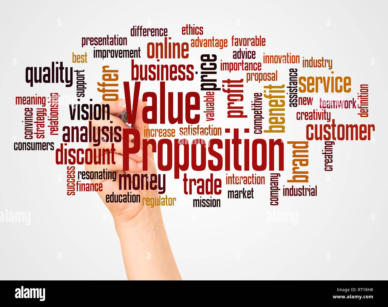 Value Proposition word cloud and hand with marker concept on white background. Stock Photo