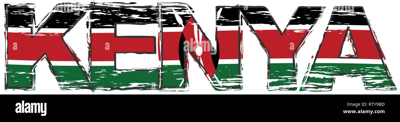 Word KENYA with Kenyan national flag under it, distressed grunge look. Stock Vector