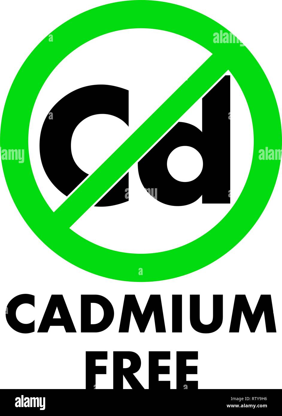Cadmium free icon. Letters Cd (chemical symbol) in green crossed circle, with text under. Stock Vector