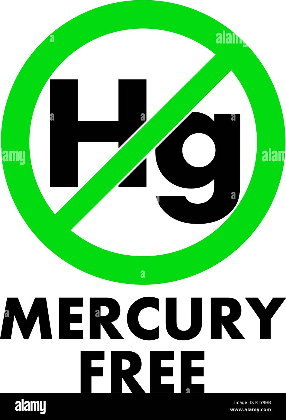 Mercury free icon. Letters Hg (chemical symbol) in green crossed circle, with text under. Stock Vector
