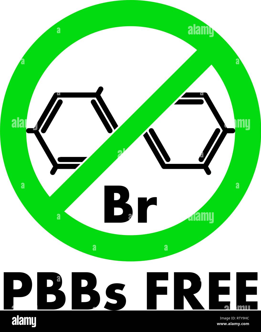PBBs free icon. Polybrominated biphenyls chemical molecule and letters Br (chemical symbol for Bromine) in green crossed circle, with text under. Stock Vector