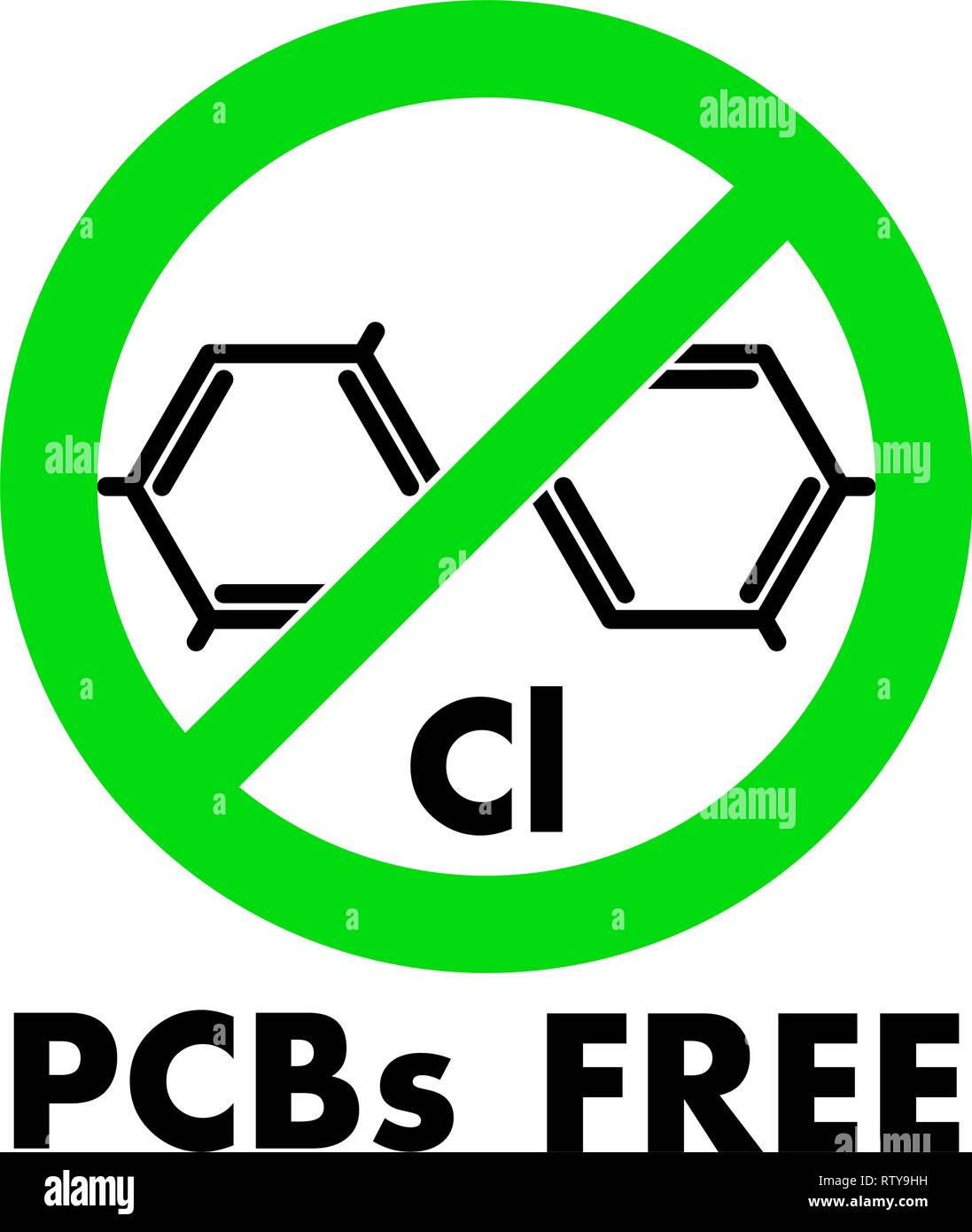 PCBs free icon. Polychlorinated biphenyls chemical molecule and letters Cl (chemical symbol for Chlorine) in green crossed circle, with text under. Stock Vector