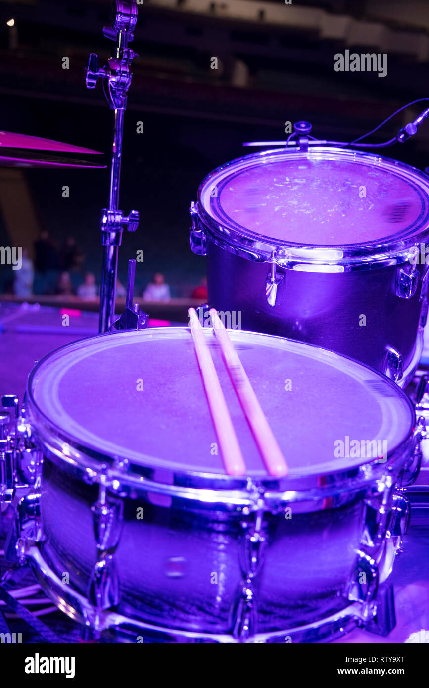 drums on stage before a music concert Stock Photo Alamy