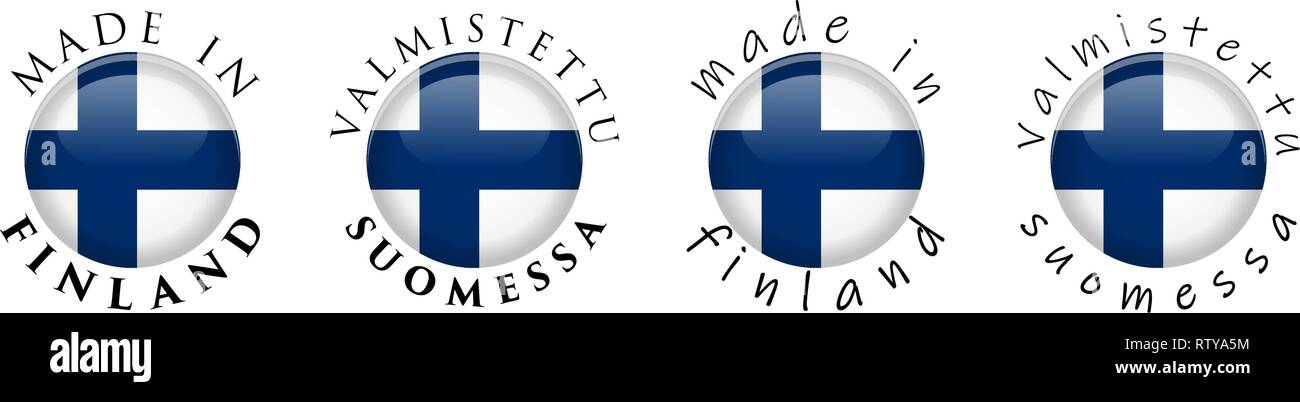 Simple Made in Finland / Valmistettu Suomessa (Finnish translation) 3D button sign. Text around circle with national flag. Decent and casual font vers Stock Vector