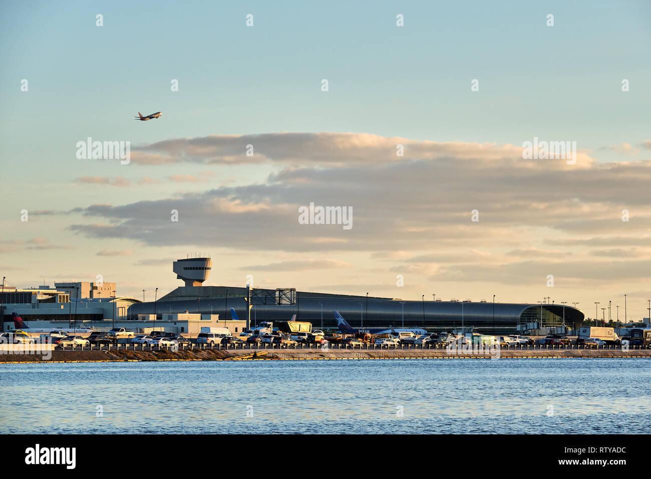 Pictured is an aircraft leaving Miami International Airport, Florida. Stock Photo