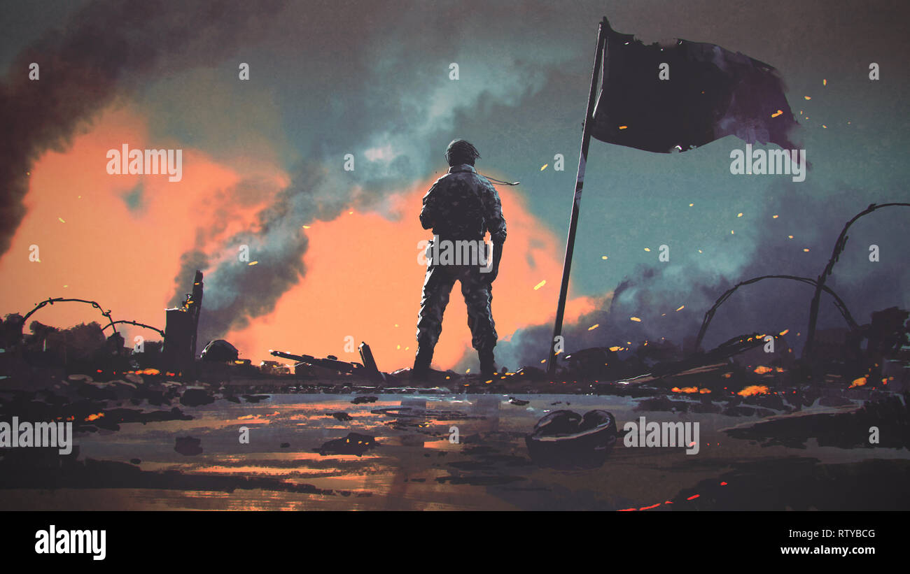 soldier standing alone after the war in battlefield, digital art style, illustration painting Stock Photo