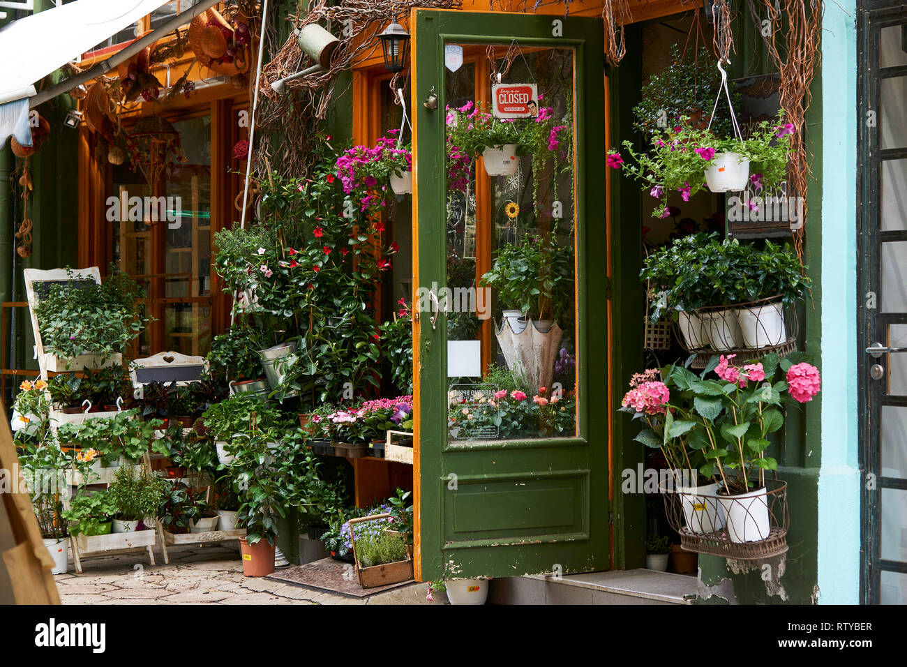 Green flower shop exterior Stock Photo