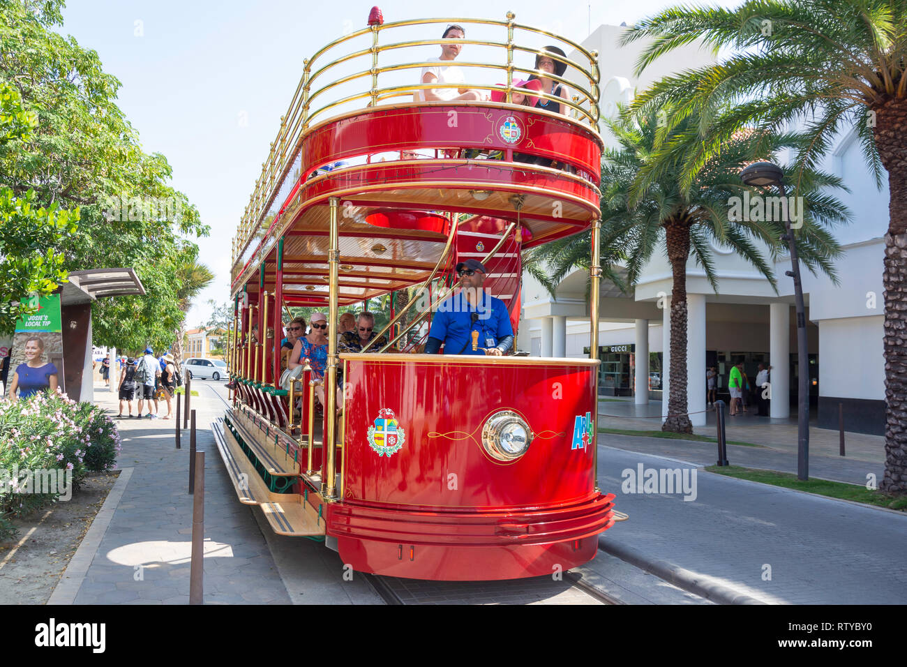 The Oranjestad Streetcar, Caya G.F.Betico Croes, Oranjestad, Aruba, ABC Islands, Leeward Antilles, Caribbean Stock Photo