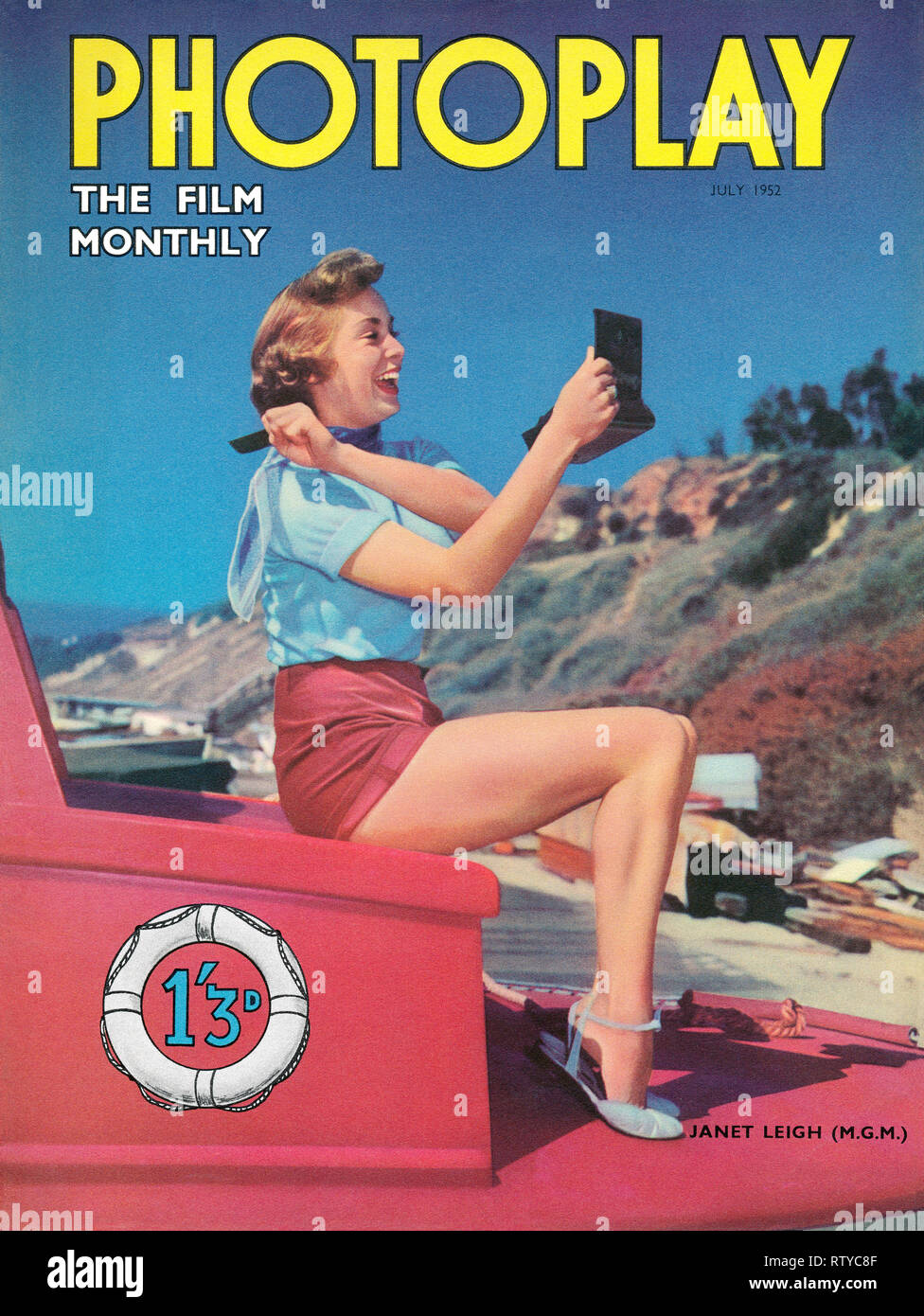 1952 vintage cover of British Photoplay magazine, featuring actress Janet Leigh. Stock Photo