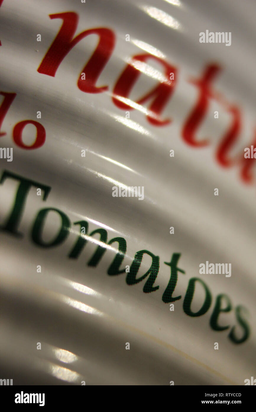 Natural tomato can, processed food, close-up Stock Photo