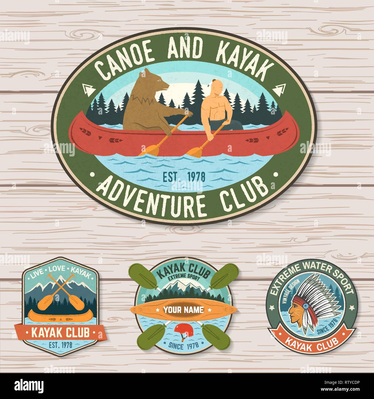 Set of canoe and kayak club badges Vector. Concept for patch, shirt, print, stamp or tee. Vintage design with mountain, river, american indian and kayaker silhouette. Extreme water sport kayak patches Stock Vector