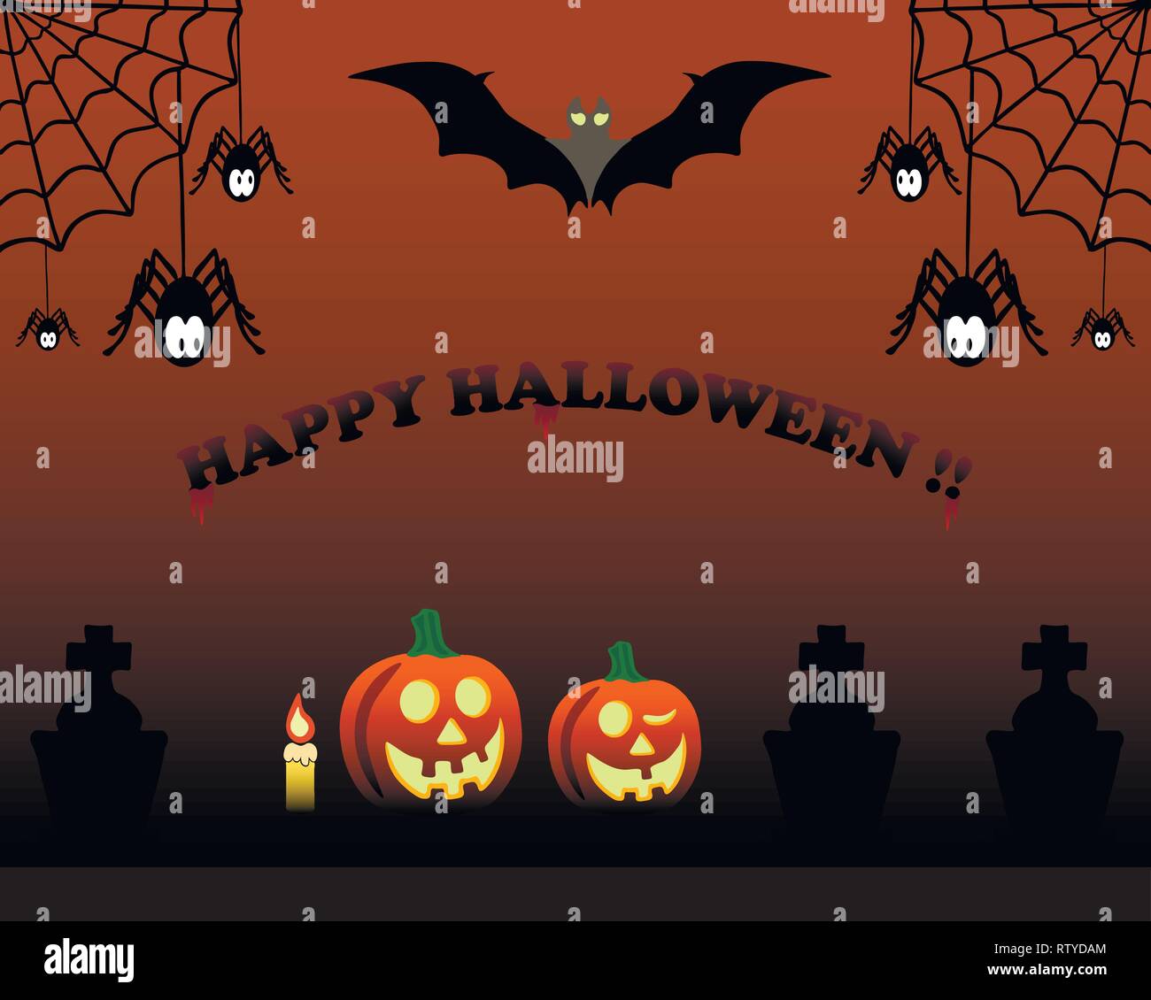 Halloween night background with graves, pumpkins, spiders and bat. Stock Vector