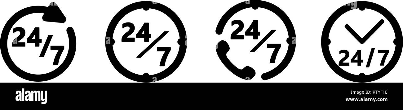 24/7 services icon. Simple circle / clock drawing with text. Four different versions. Stock Vector