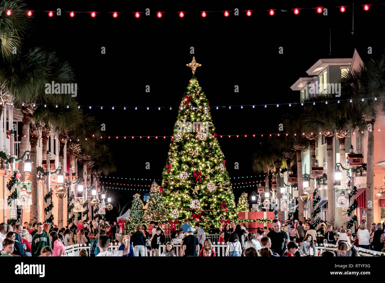 CELEBRATION, FLORIDA, USA - DECEMBER, 2018: Christmas with beautiful lights and snow at Celebration City. Stock Photo