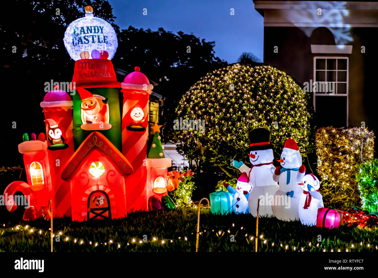 CELEBRATION, FLORIDA, USA - DECEMBER, 2018: Christmas Decorated House at Celebration City. Front House Adorned with Holiday Lights, near Orlando Stock Photo