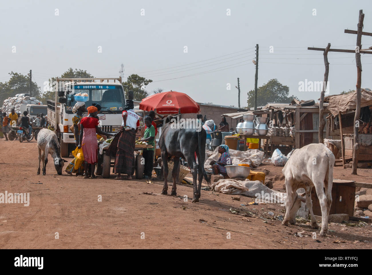 A photo of vendor selling various goods (including livestock such as horses and donkeys) in Bolgatanga (Bolga, Ghana, West Africa Stock Photo