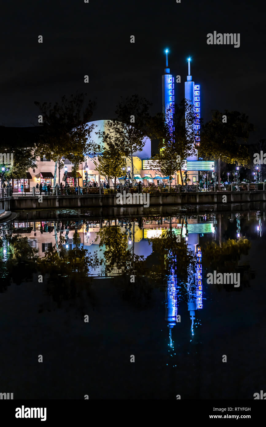 CELEBRATION, FLORIDA, USA - DECEMBER, 2018: Christmas at Celebration City. Beautiful view with lake reflections of lights at night. Stock Photo