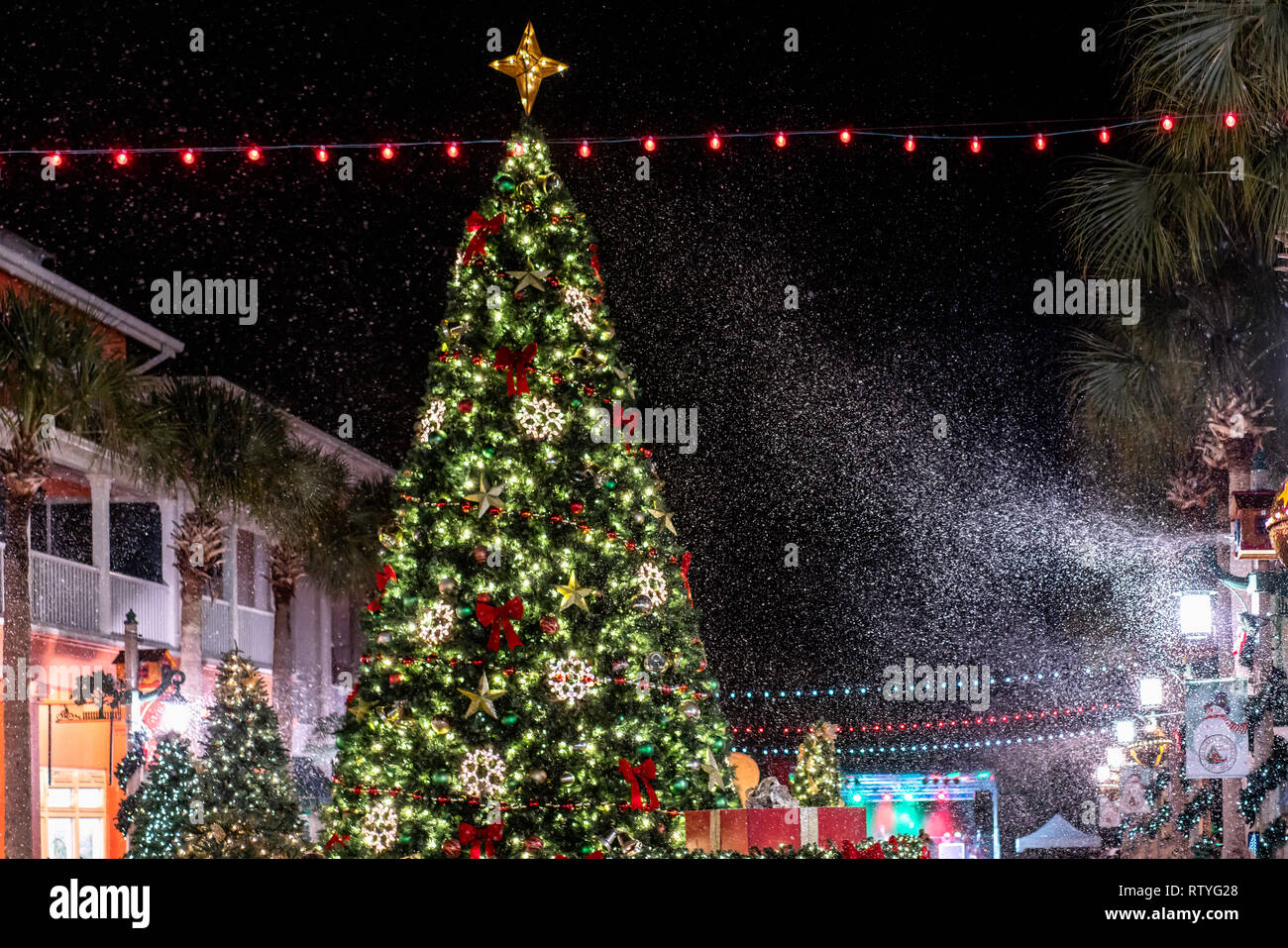 CELEBRATION, FLORIDA, USA - DECEMBER, 2018: Christmas with beautiful lights and snow at Celebration City. Stock Photo