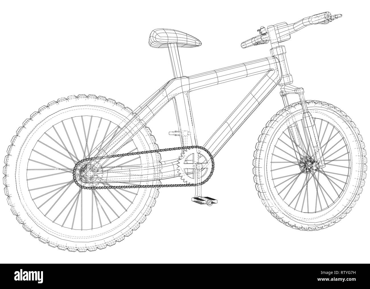 Bicycle blueprint. Outline bicycle on white background. Created illustration of 3d. Stock Vector