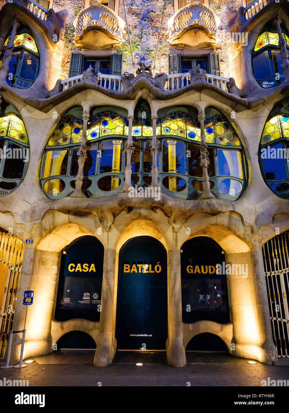 BARCELONA, SPAIN - CIRCA MAY 2018: Outside view of Casa Batlló, a famous building in the center of Barcelona designed by Antoni Gaudi. Facade View. Stock Photo