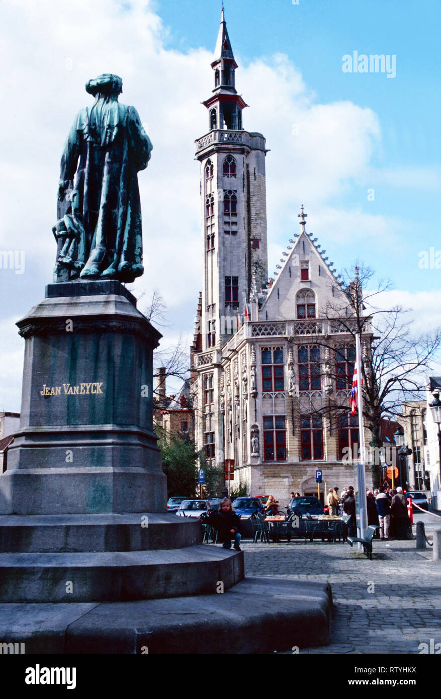 Statue of Jan Van Eyck,burgher house background,Brugge,Belgium Stock Photo