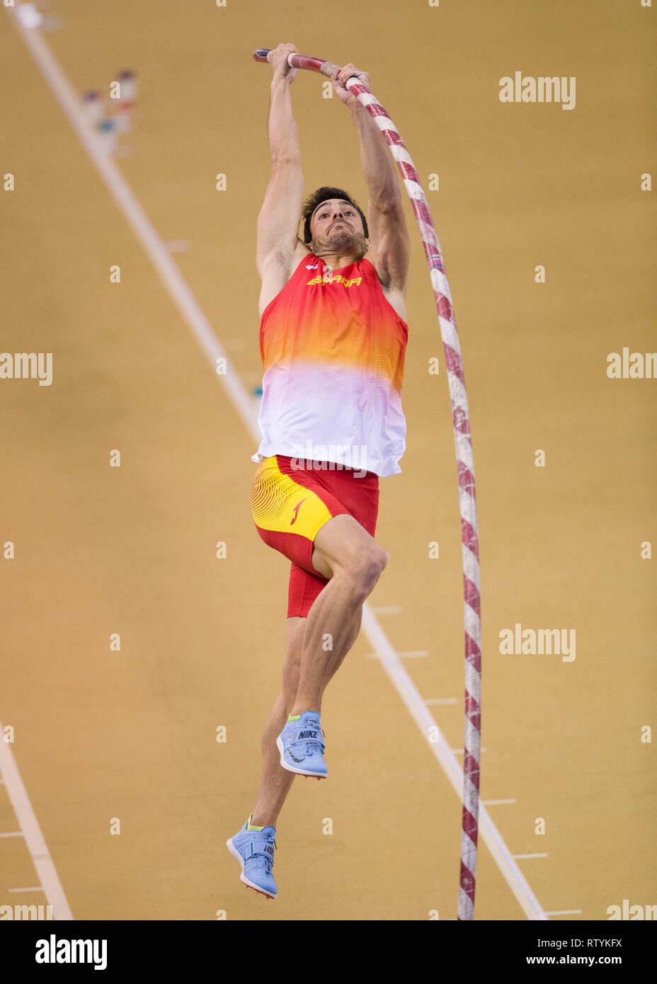 Glasgow, Scotland, UK. 3rd March, 2019. Jorge ureña during the Men's Pole Vault part of the male Heptatholn on day 3 of the European Indoor Athletics Championships at the Emirates Arena in Glasgow, Scotland. (Photo by Scottish Borders Media/Alamy Live News)  Editorial use only, license required for commercial use. No use in betting. Credit: Scottish Borders Media/Alamy Live News Stock Photo