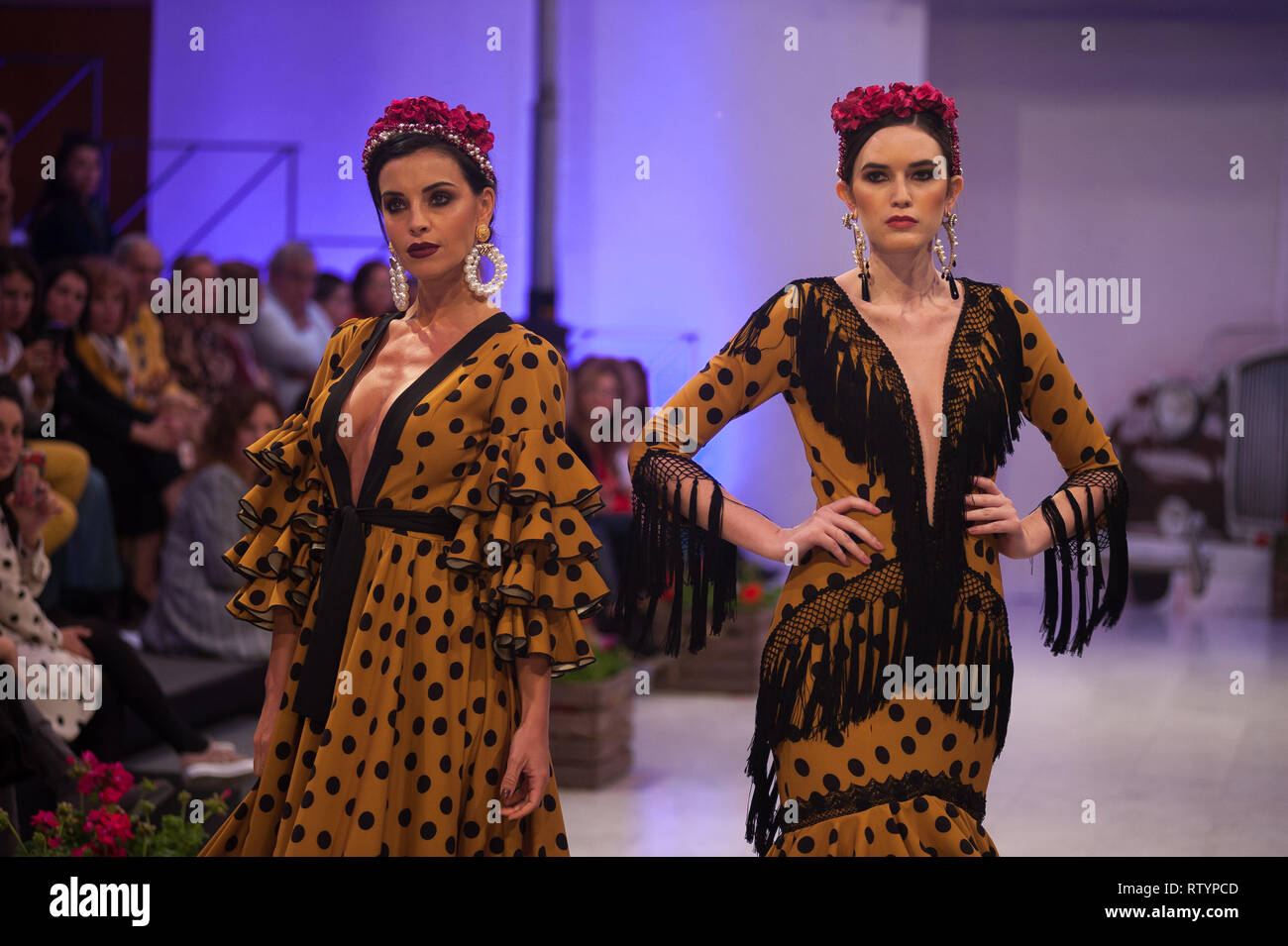 Malaga, Spain. 3rd Mar, 2019. Models are wearing flamenco dresses as they pose for photographers on the catwalk during the IV International Flamenco Fashion Fair (FIMAF) at hotel NH in downtown city. Every year a new edition of the International Flamenco Fashion Fair happens, a meeting with designers to promote and present the pre-season flamenco fashion designs. The flamenco fashion industry is an economic engine from Andalusia, and its culture is recognized internationally. Credit: Jesus Merida/SOPA Images/ZUMA Wire/Alamy Live News Stock Photo