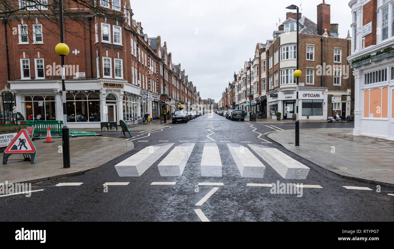 London, UK.  3 March 2019.  A trial 3D-style zebra crossing has been installed in St. John's Wood High Street by the local council.  The 3D design is supposed to give the illusion to oncoming drivers that the surface is raised to cause vehicles to slow down.  Should the trial be successful, further similar crossings will be installed in the area.   Credit: Stephen Chung / Alamy Live News Stock Photo