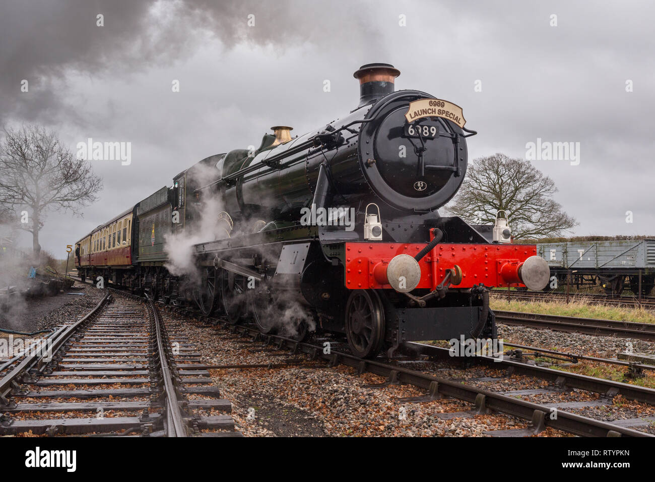 Quainton, UK. 3rd March 2019. Modified Hall Class locomotive 'Wightwick Hall returns to service after a 40 year restoration. The locomotive is the 150th to return to steam after being saved from Woodham Brothers scrap yard in South Wales. Credit: Andrew Plummer/Alamy Live News Stock Photo