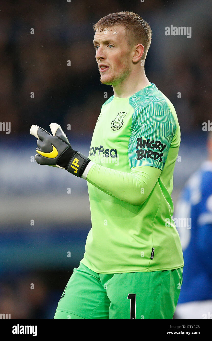 Liverpool, UK. 3rd March, 2019. Liverpool, UK. 03rd Mar, 2019. EDITORIAL  USE ONLY. Jordan Pickford of Everton during the Premier League match  between Everton and Liverpool at Goodison Park on March 3rd