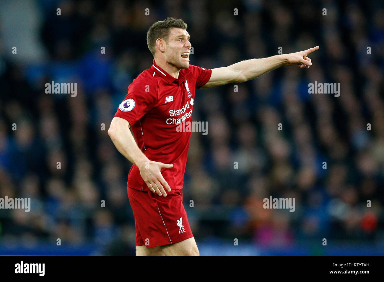 Liverpool, UK. 3rd March, 2019. Liverpool, UK. 03rd Mar, 2019. EDITORIAL USE ONLY.  James Milner of Liverpool shouts instructions to his team mates during the Premier League match between Everton and Liverpool at Goodison Park on March 3rd 2019 in Liverpool, England. (Photo by Daniel Chesterton/) Credit: PHC Images/Alamy Live News Stock Photo