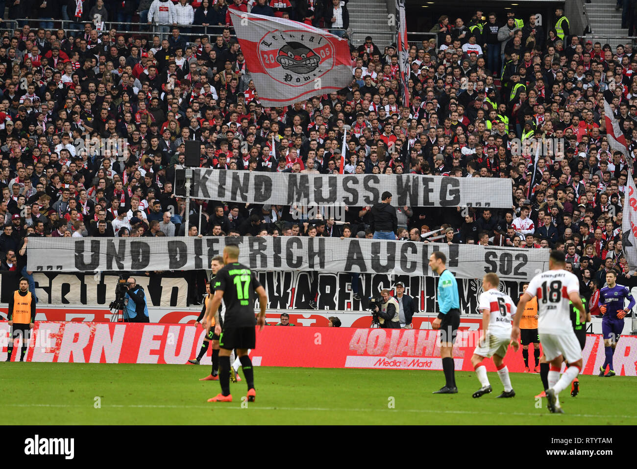 Stuttgart, Germany. 03rd Mar, 2019. Banners, banners, KIND MUST BE WEG AND DIETRICH TOO, the Stuttgart fans, football fans, Ultras. Soccer 1. Bundesliga, 24.matchday, matchday24, VFB Stuttgart-Hanover 96 (H) 5-1, 03/03/2019 in Stuttgart/Germany. MERCEDES BENZ ARENA. DFL REGULATIONS PROHIBIT ANY USE OF PHOTOGRAPH AS IMAGE SEQUENCES AND/OR QUASI VIDEO. | usage worldwide Credit: dpa/Alamy Live News Stock Photo