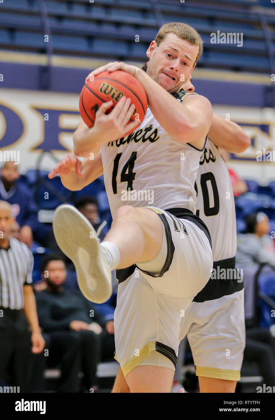 Edmond, USA. 2nd Feb, 2019. Emporia State Forward Duncan Fort (14) grabs a rebound during a basketball game between the Emporia State Hornets and the Central Oklahoma Bronchos at Hamilton Field House in Edmond, OK. Emporia State defeated Central Oklahoma 100-95. Gray Siegel/CSM/Alamy Live News Stock Photo