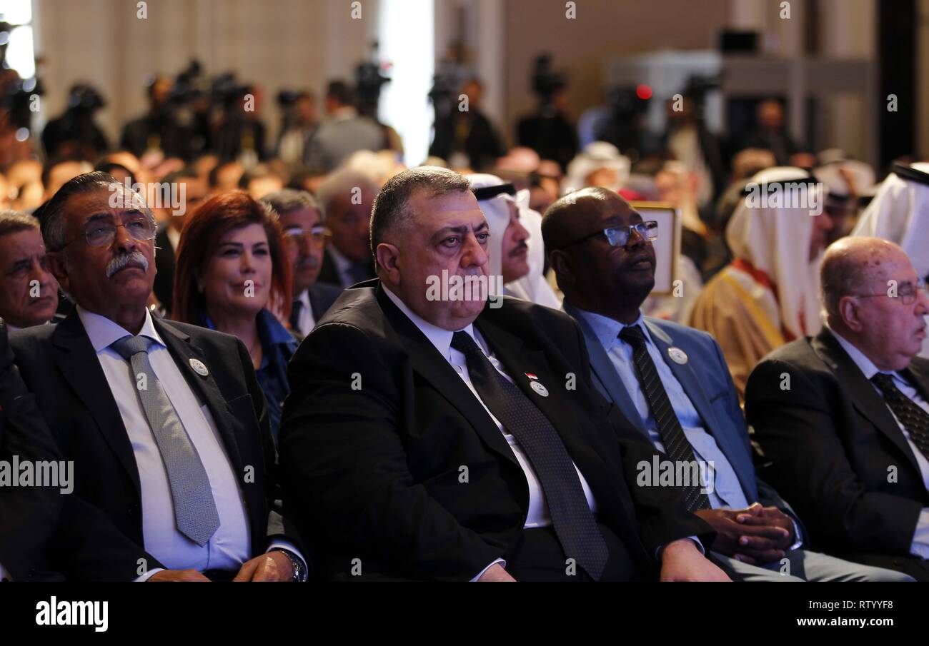 Amman, Jordan. 3rd Mar, 2019. Speaker of Syrian People's Assembly Hammoudeh Sabbagh (C, Front) attends the opening of the 29th conference of the Arab Inter-Parliamentary Union (AIPU) in Amman, Jordan, on March 3, 2019. Hammoudeh Sabbagh representing Syria attended the meeting for the first time since the country's conflict broke out in 2011. Credit: Mohammad Abu Ghosh/Xinhua/Alamy Live News Stock Photo
