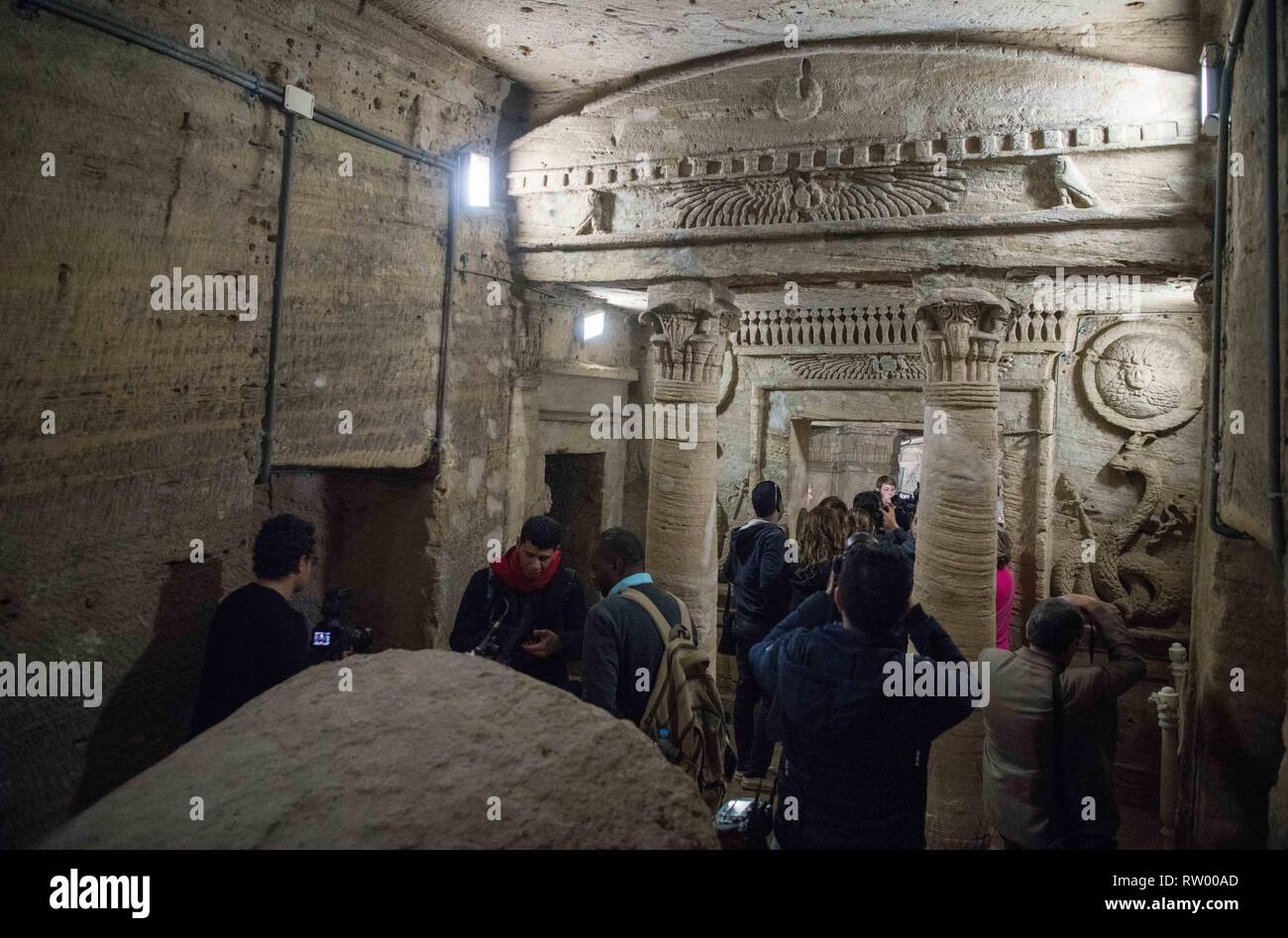 Alexandria, Egypt. 3rd Mar, 2019. Photo taken on March 3, 2019 shows the catacombs of ancient Kom al-Shoqafa tombs in the northern seaside Alexandria province, Egypt. The Egyptian Ministry of Antiquities celebrated on Sunday the completion of a project removing underground water from 2,000-year-old catacombs in the northern seaside province of Alexandria dating back to the Greco-Roman era. Credit: Wu Huiwo/Xinhua/Alamy Live News Stock Photo