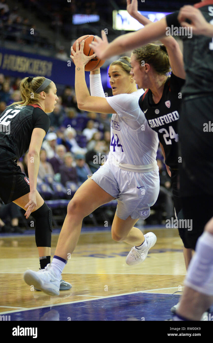 Seattle, WA, USA. 3rd Feb, 2019. UW forward MISSY PETERSON (44) drives down the lane against LACIE HULL (24) in a PAC12 womens basketball game between the Washington Huskies and Stanford. The game was played at Hec Ed Pavilion in Seattle, WA. Jeff Halstead/CSM/Alamy Live News Stock Photo