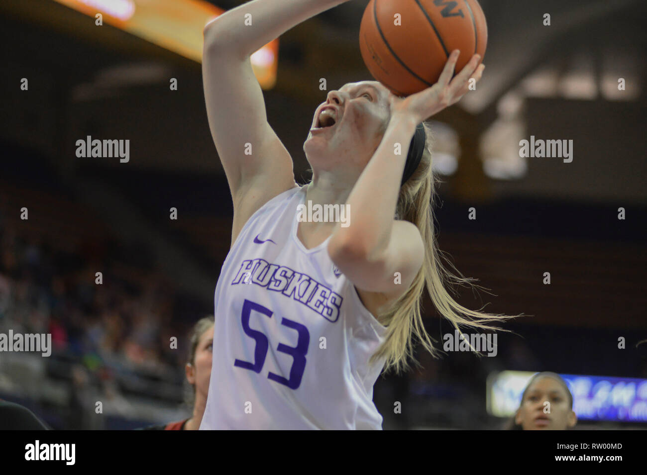 Seattle, WA, USA. 3rd Feb, 2019. UW center DARCY REES (53) goes up for a shot in a PAC12 womens basketball game between the Washington Huskies and Stanford. The game was played at Hec Ed Pavilion in Seattle, WA. Jeff Halstead/CSM/Alamy Live News Stock Photo